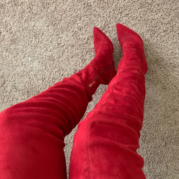 Knee-high pointed toe heels red boots - Picture 2 of 4